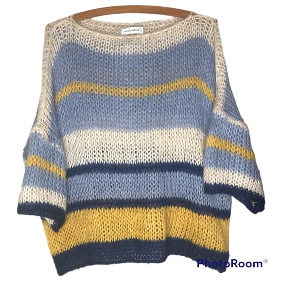 nina kendosa paris Sweaters - NINA KENDOSA PARIS Oversized Mohair Blend Striped Cozy Open Knit Sweater